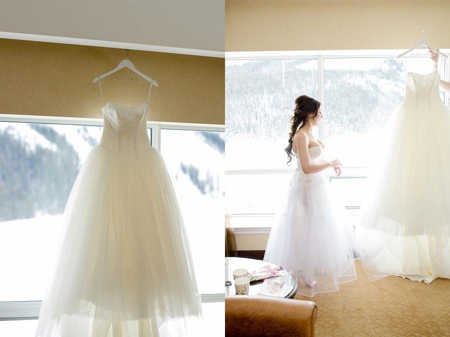 lake louise bride getting ready vera wang gown