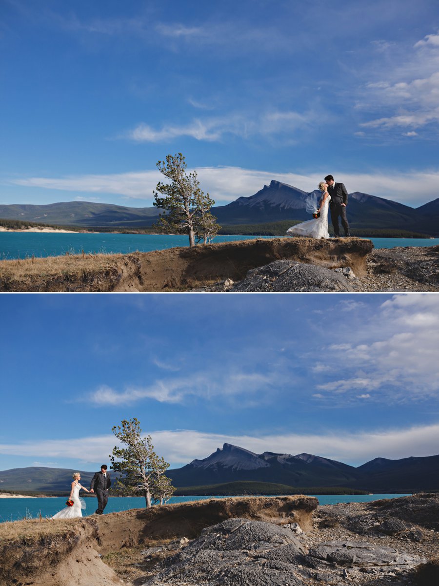 abraham lake nordegg mountain wedding photographers at windy point bride & groom portraits