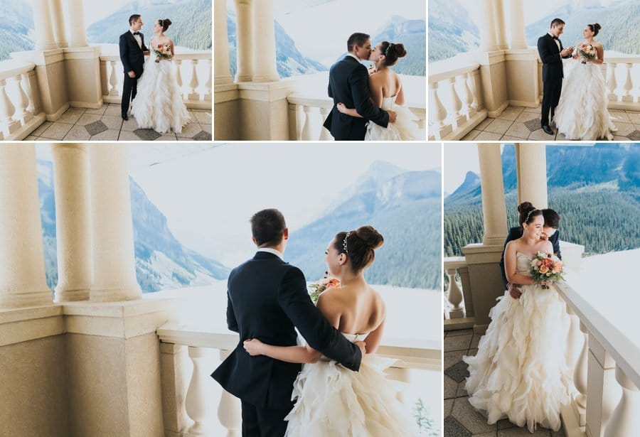 lake louise elopement wedding on the balcony at the Belvedere Suite with stunning mountain backdrop