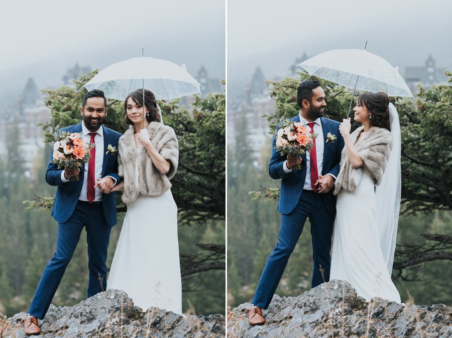 Surprise Corner bride & groom portraits in the rain with umbrellas
