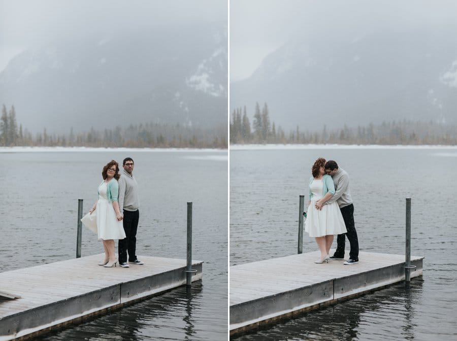 Vermilion Lakes Banff couples photos during the snowy month of April in the mountains
