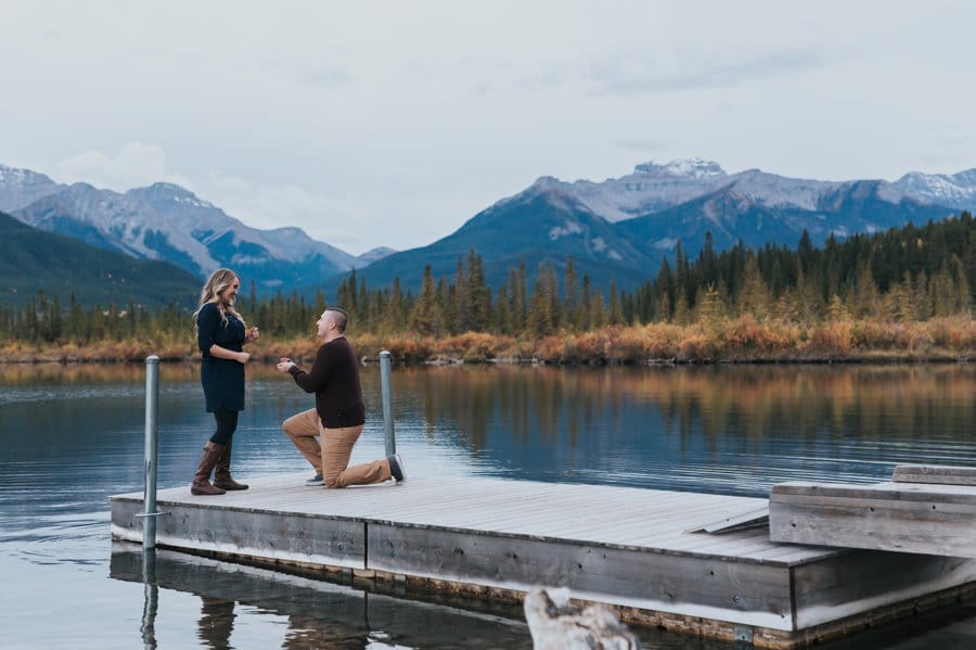 Banff Surprise Proposal Photography at Vermilion Lakes at blue hour. She said yes!