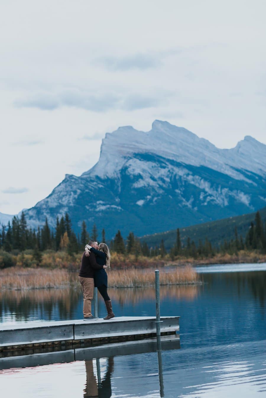 Banff Surprise Proposal Photography at Vermilion Lakes at blue hour. She said yes!