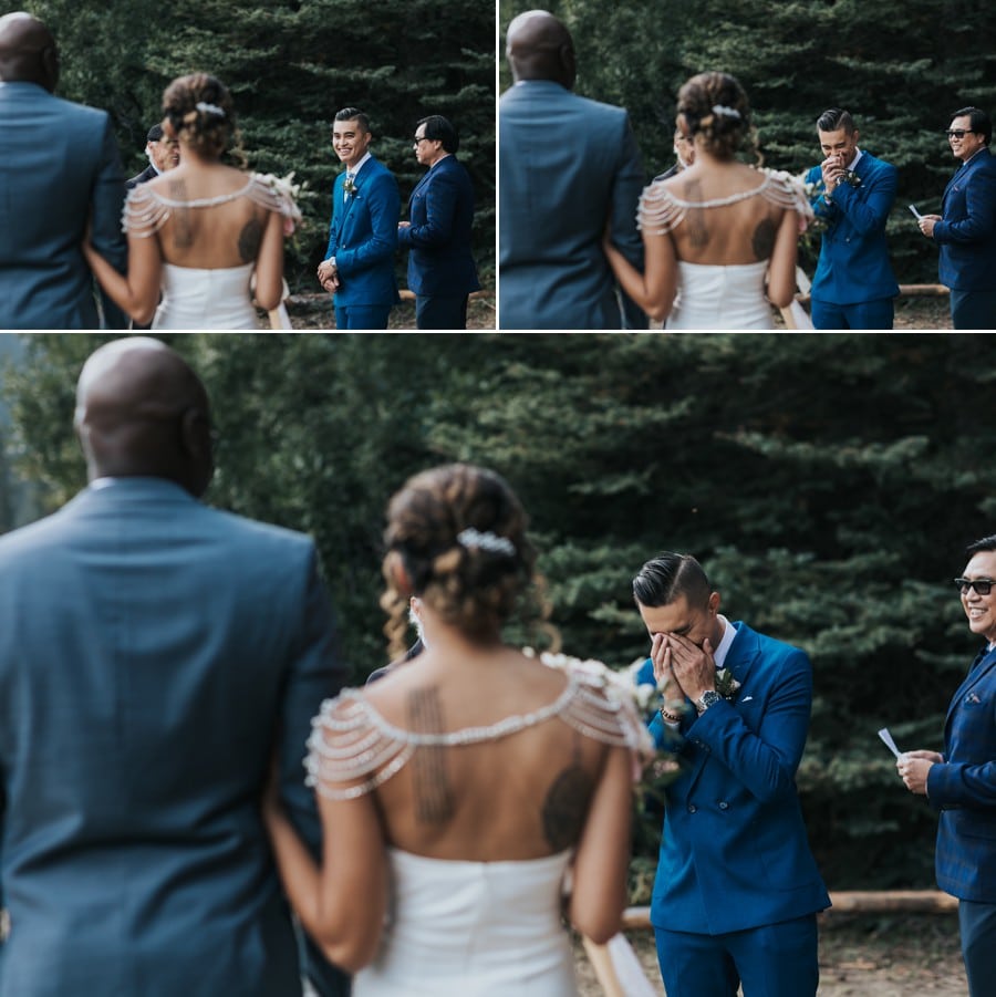 Lake Louise Elopement Photography grooms reaction to seeing bride
