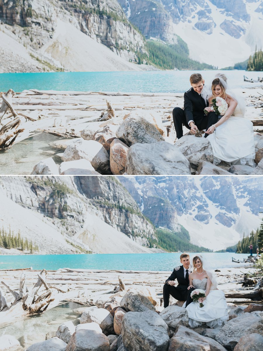 Moraine Lake bride & groom portraits with turquoise blue water, mountains & friendly chipmunk