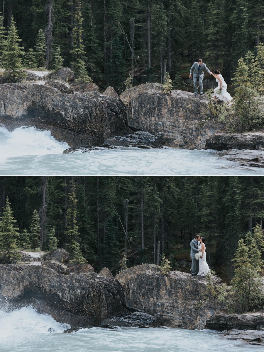 bride & groom wedding photos at the natural bridge in Yoho National park