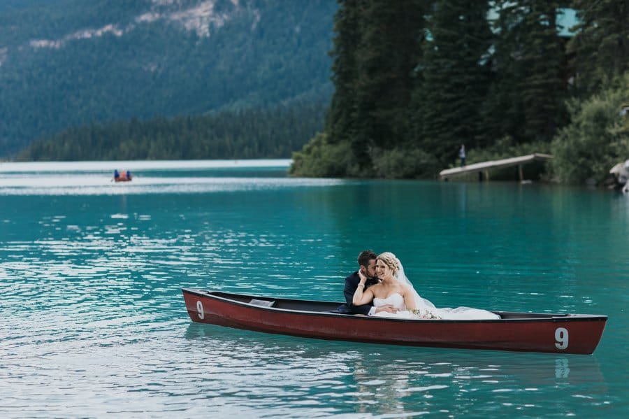 Emerald Lake Lodge intimate wedding portraits canoe on the lake