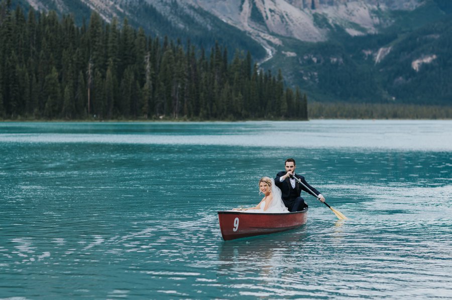 Emerald Lake Lodge intimate wedding portraits canoe