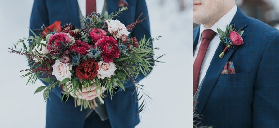 Emerald Lake winter Wedding bouquet boutonniere 