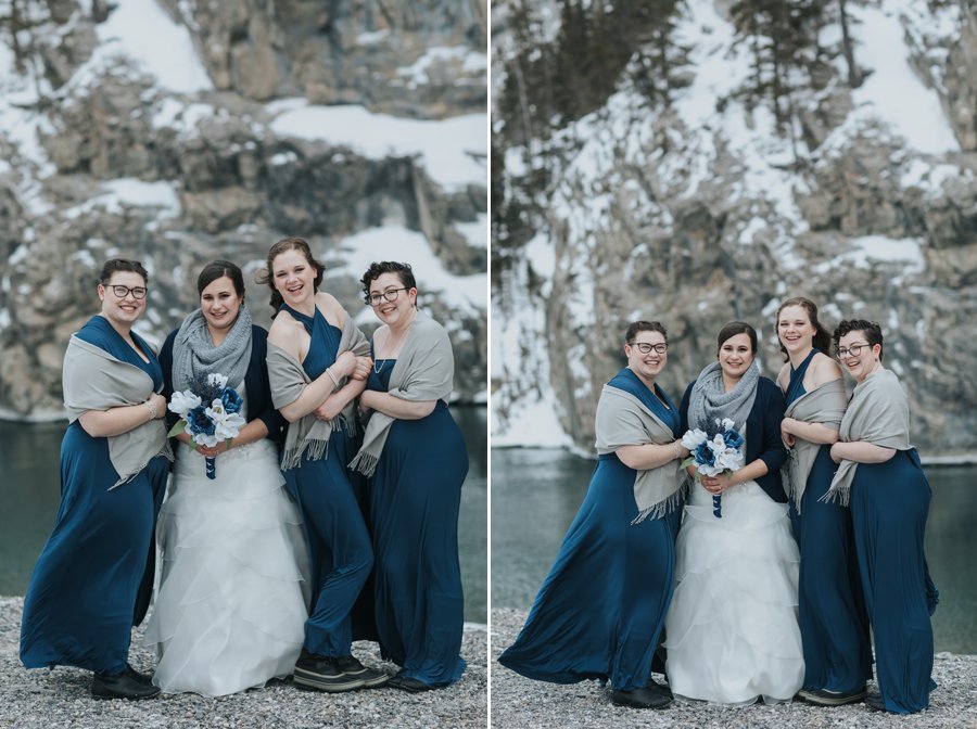 Canmore wedding photographers portraits mountains winter bridesmaids