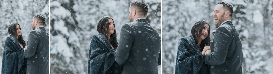 Snowy mountain wedding ceremony in the forest in the Canadian Rockies