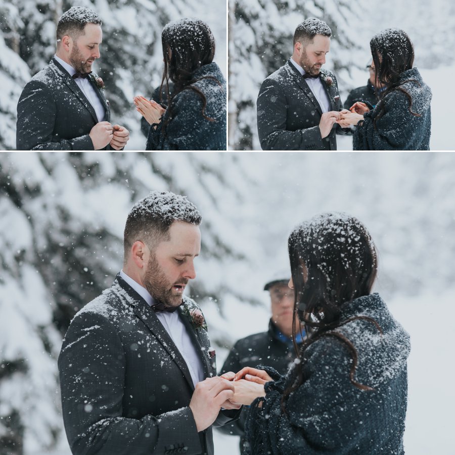 Snowy mountain wedding ceremony in the forest in the Canadian Rockies
