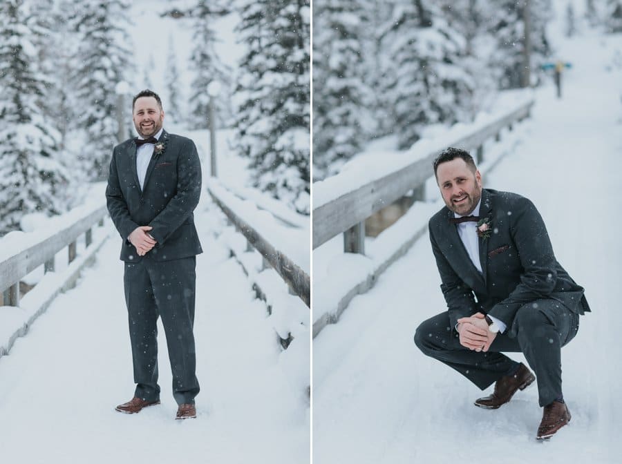 Snowy mountain wedding in the Canadian Rockies groom