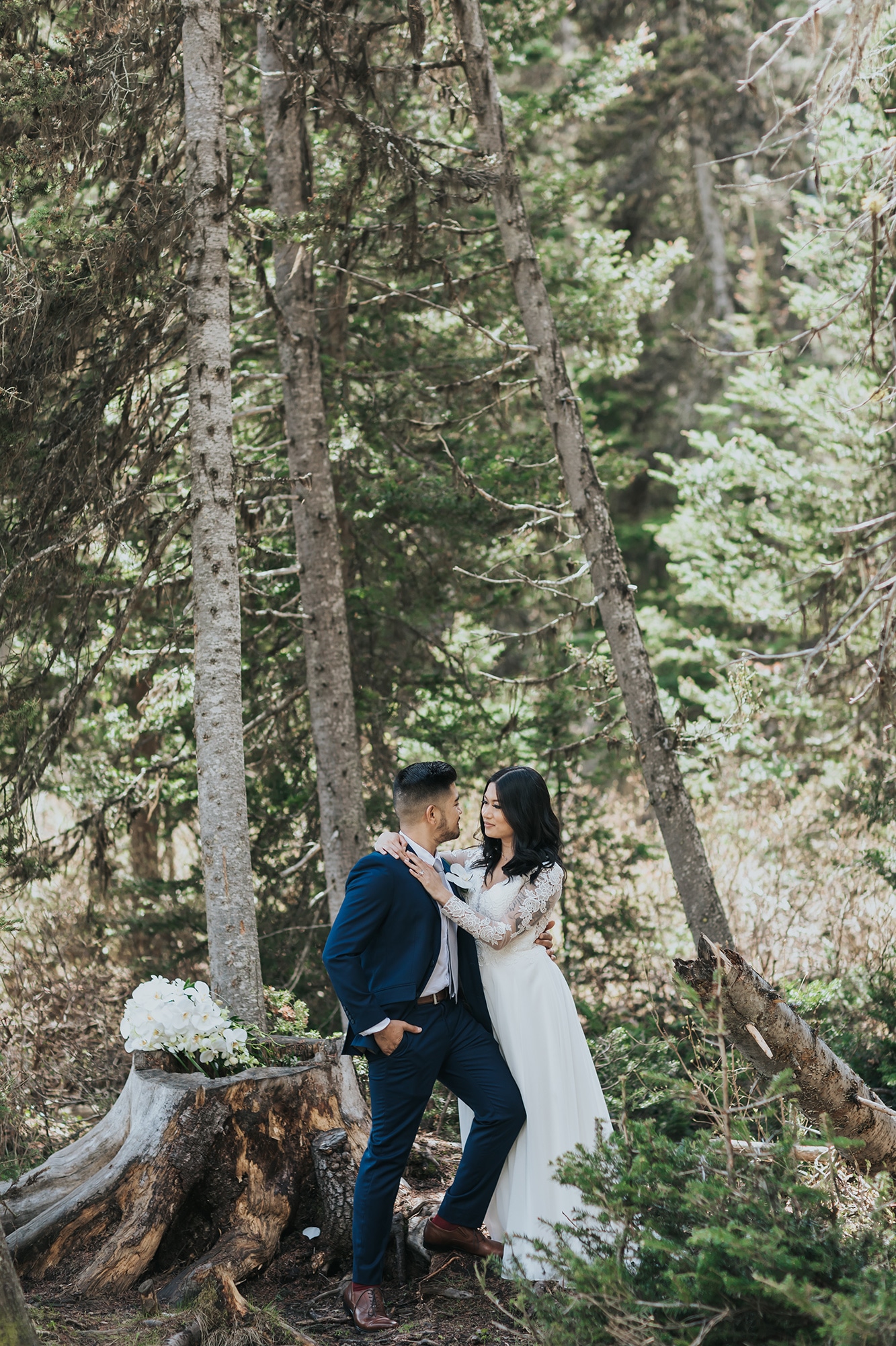 Mountain woodland forest wedding with dreamy light