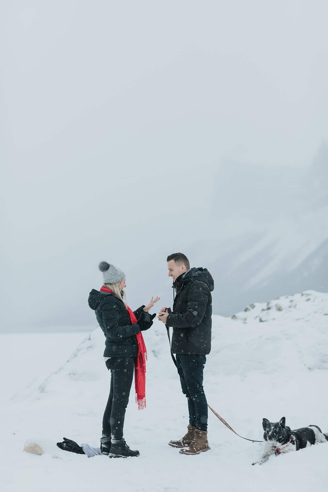 Wintery Banff Surprise Proposal lake minnewanka
