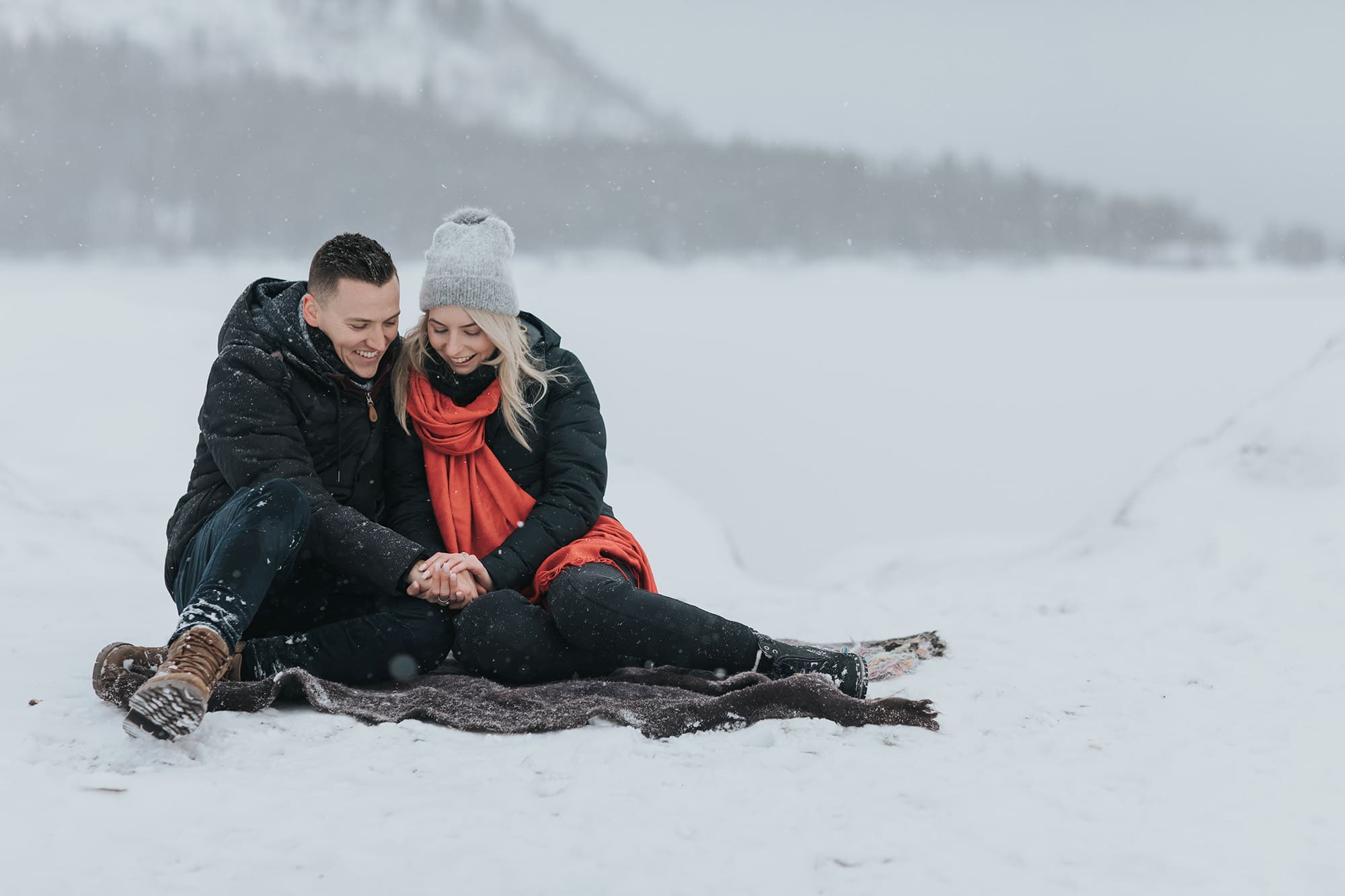 Wintery Banff Surprise Proposal lake minnewanka