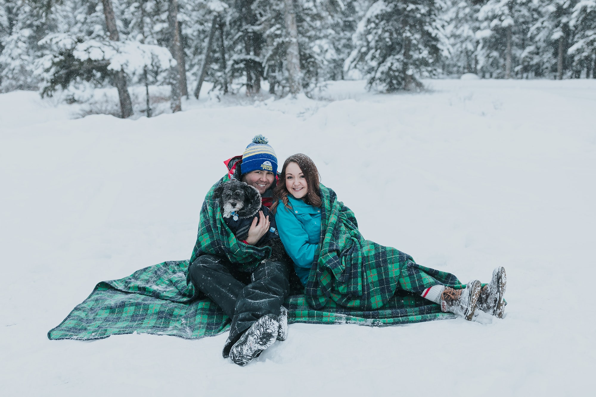 Banff snowy engagement photography with dog