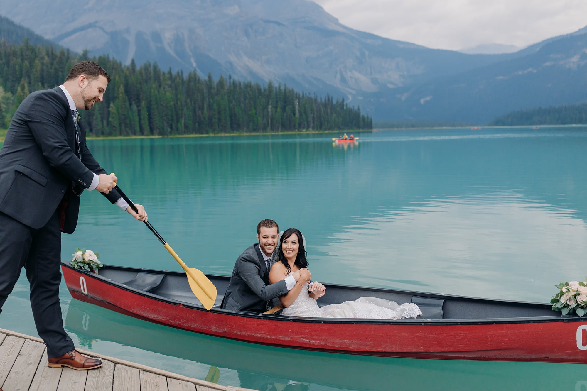 red canoe Emerald Lake Lodge Wedding Photos 