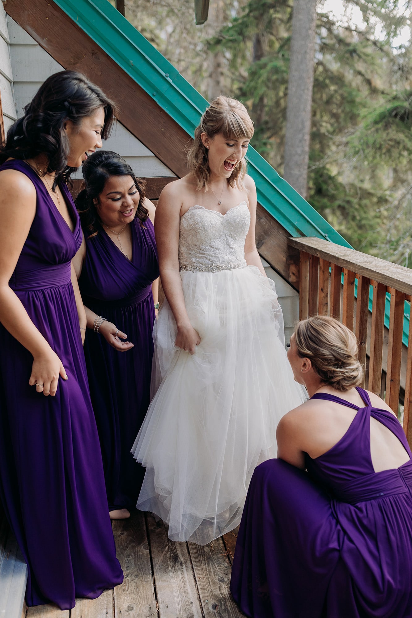emerald lake autumn wedding bride getting ready at cabin with bridesmaids