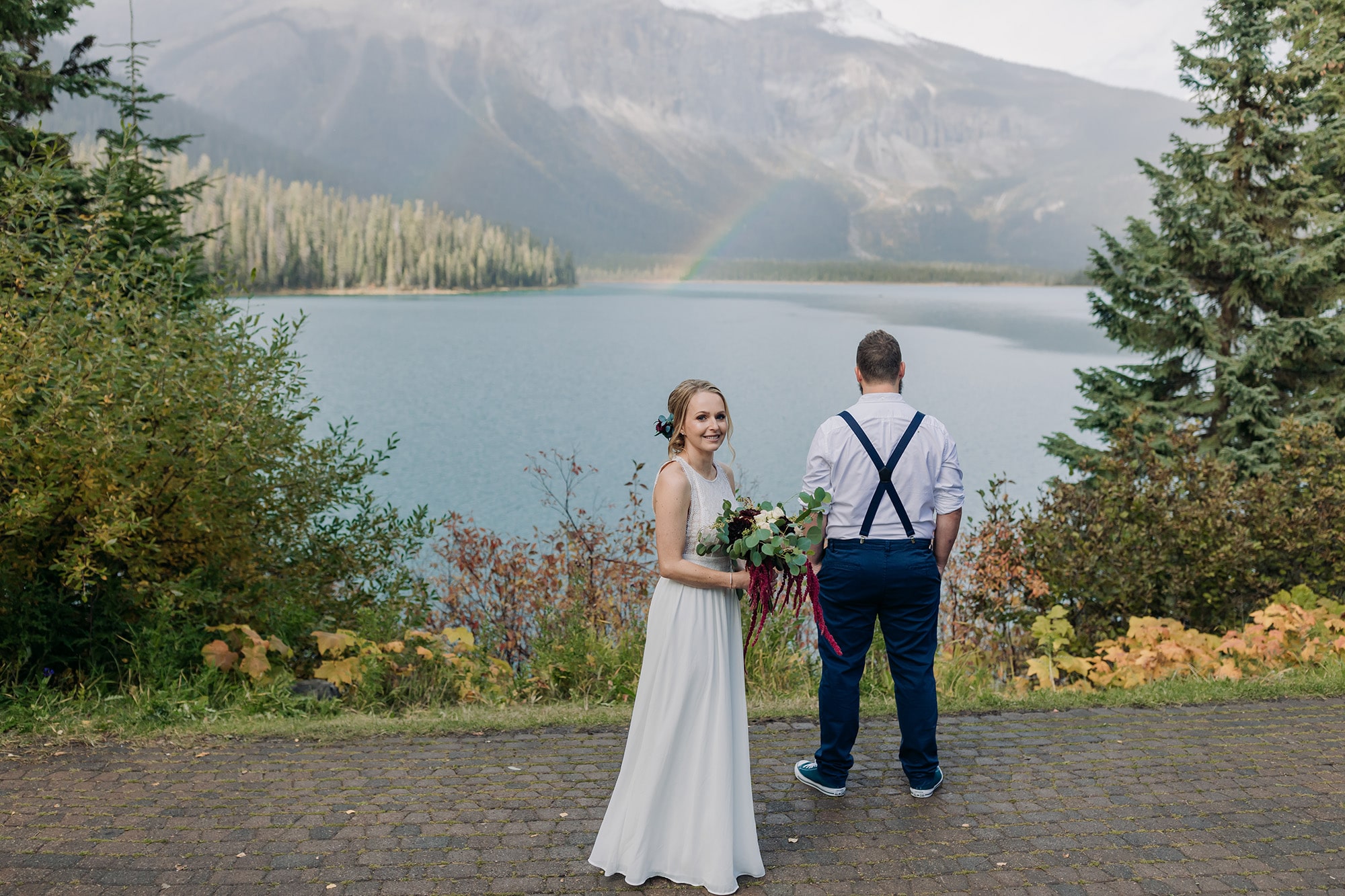 Emerald Lake Elopement Photographer first look double rainbow