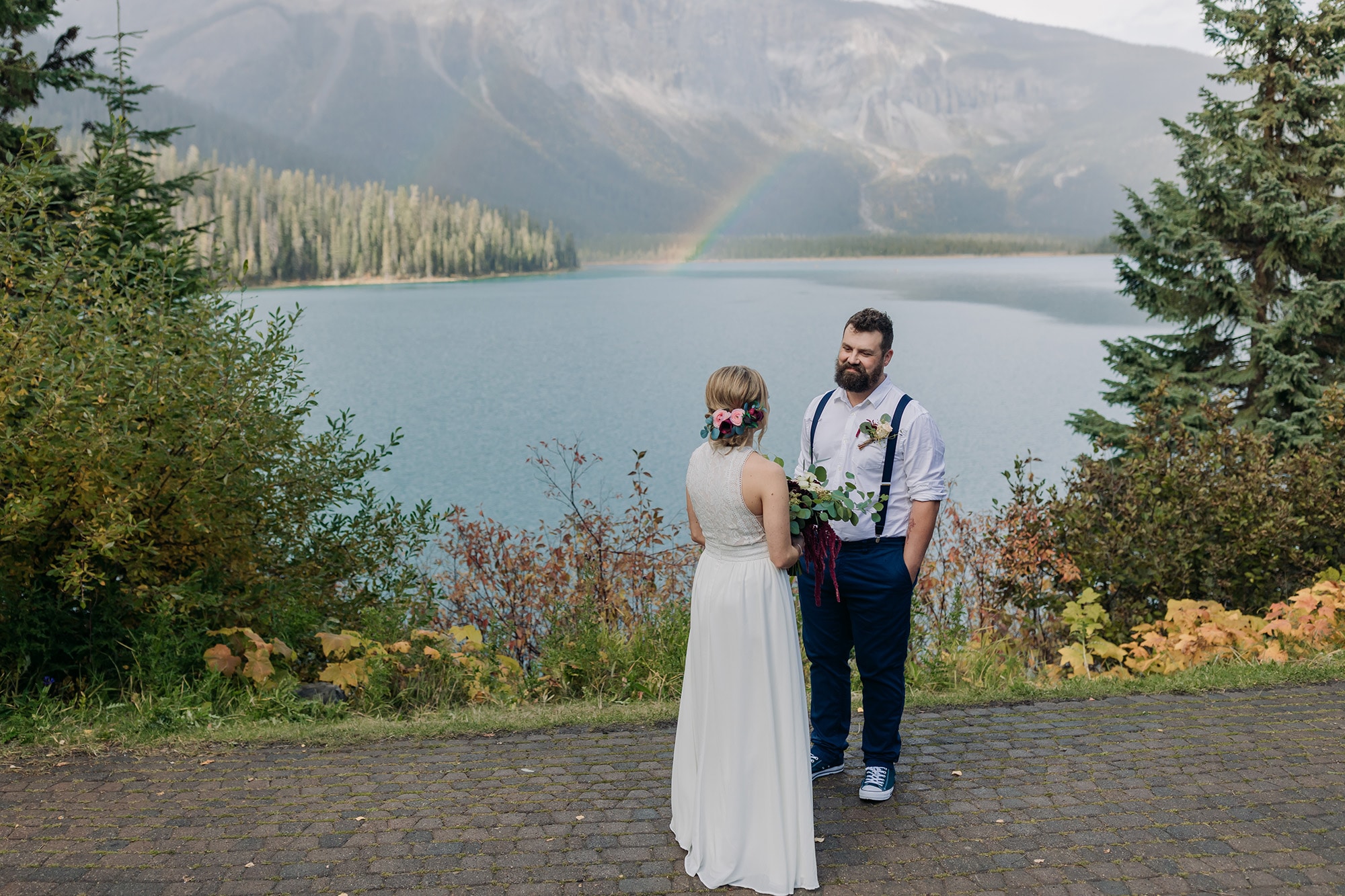 Emerald Lake Elopement Photographer first look double rainbow