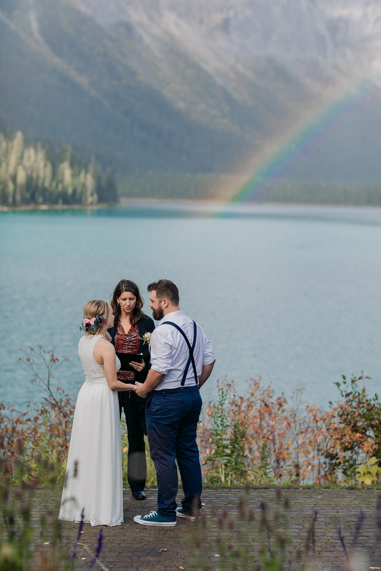 Emerald Lake Elopement Photographer viewpoint outdoor ceremony double rainbow