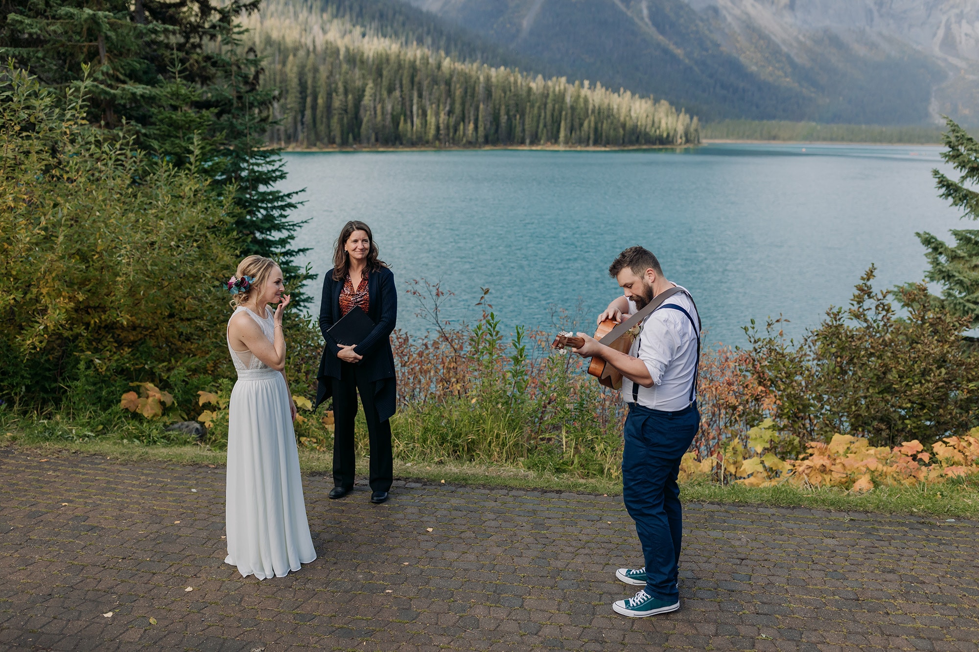 Emerald Lake Elopement Photographer viewpoint outdoor ceremony guitar serenade
