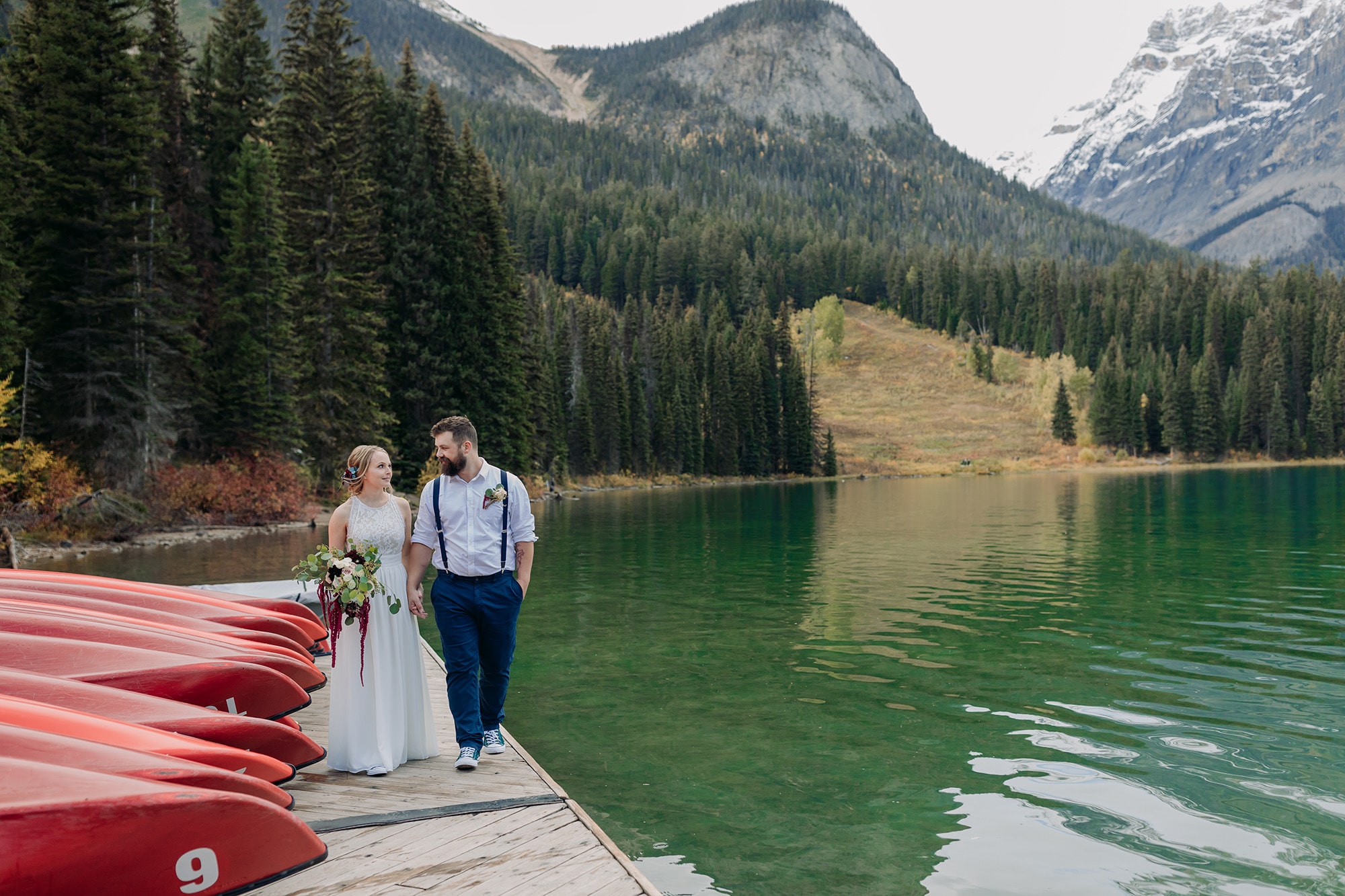 Emerald Lake Elopement Photographer fall wedding portraits canoes