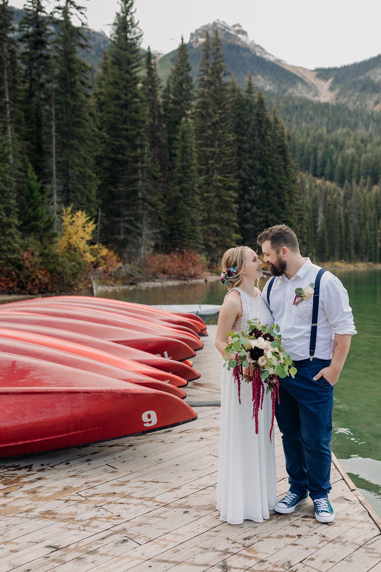 Emerald Lake Elopement Photographer fall wedding portraits canoes