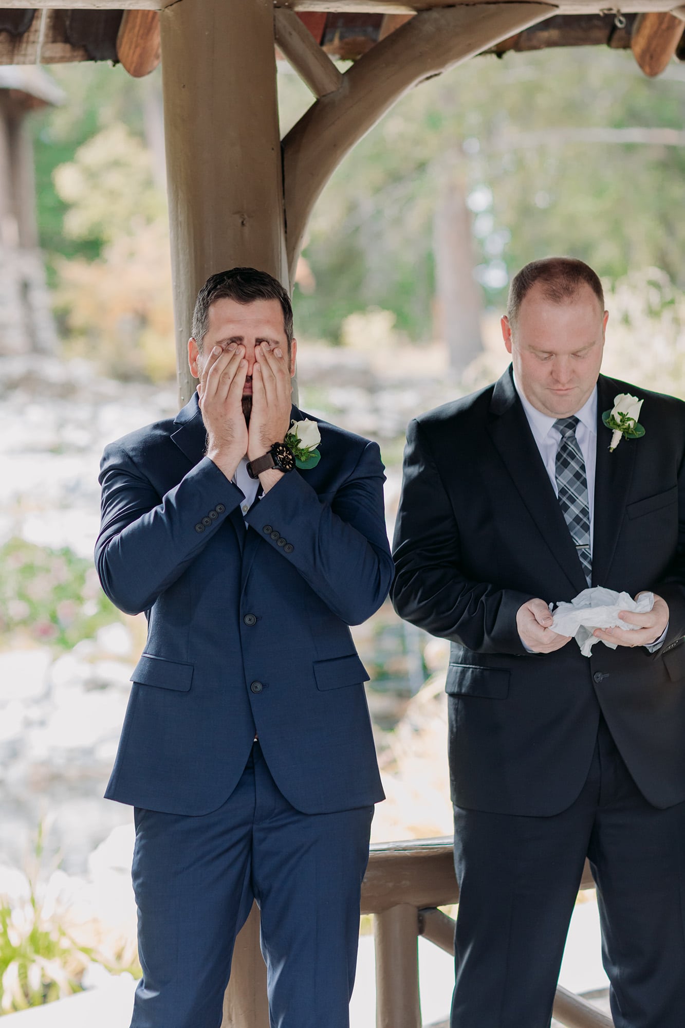 intimate banff wedding emotional groom reaction to seeing bride at Cascade Gazebo