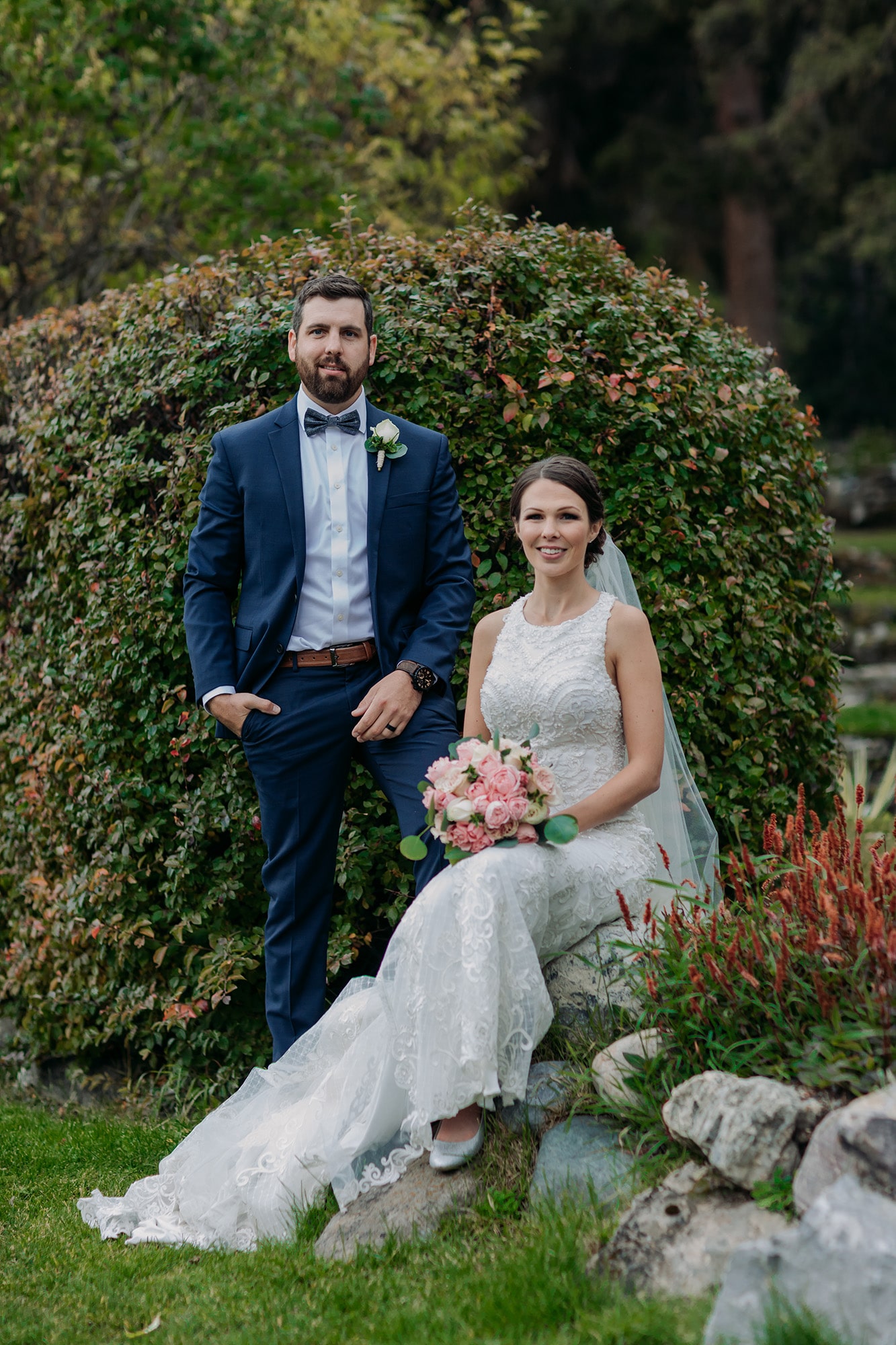 intimate banff wedding groom & bride in Cascade gardens