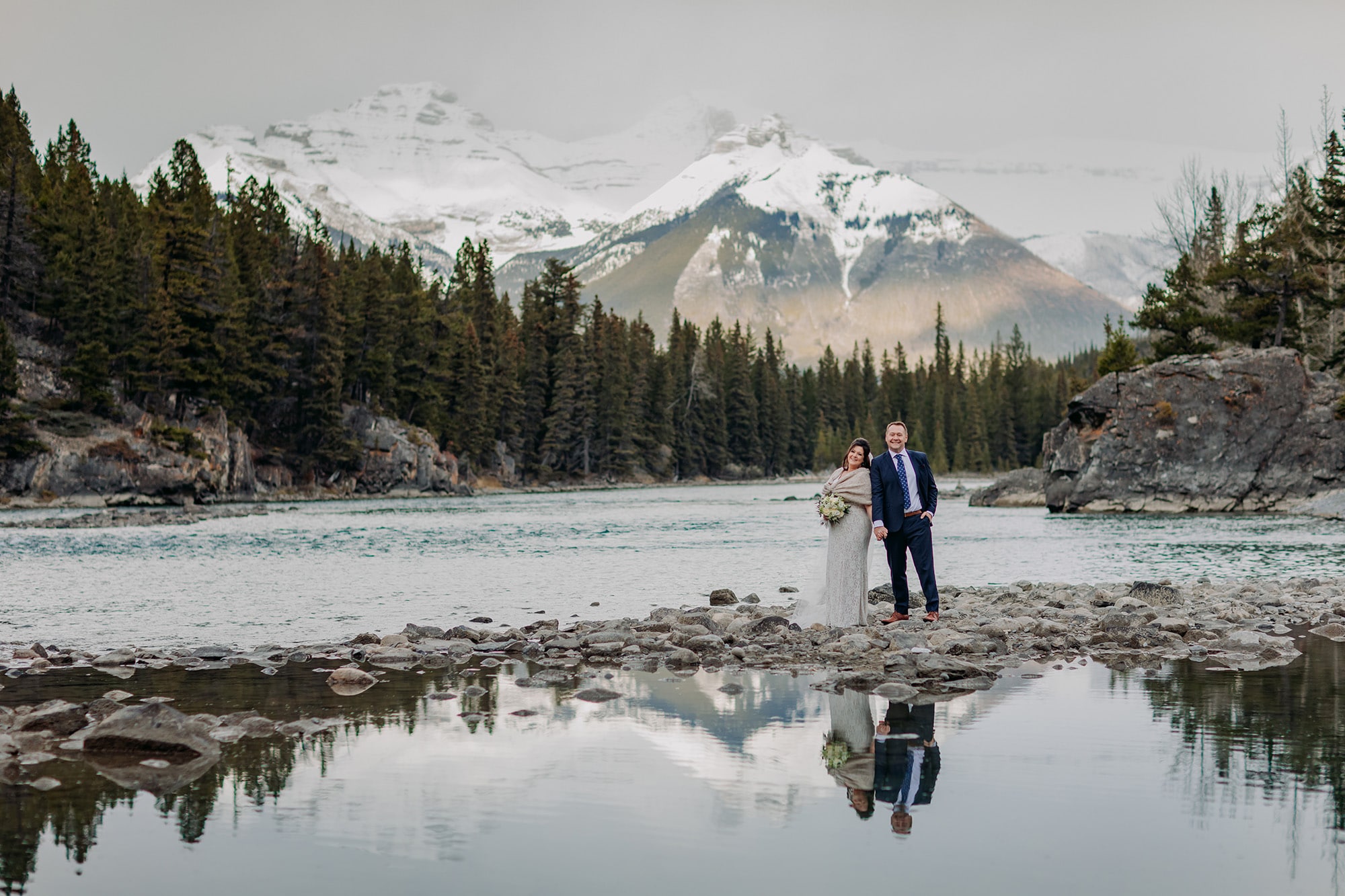 Banff wedding parade Bow Falls Bride Groom portraits amazing reflection