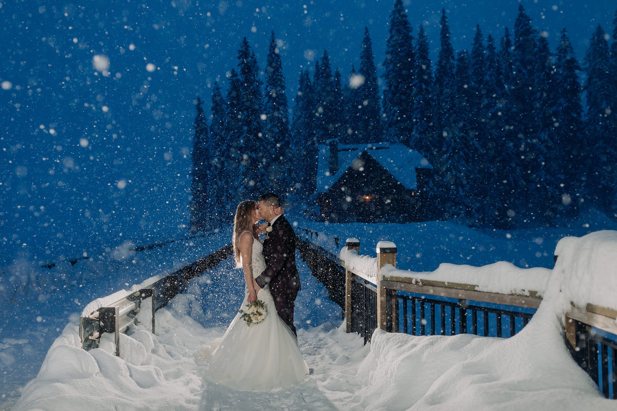 magical winter wonderland wedding portraits night emerald lake lodge twilight snow