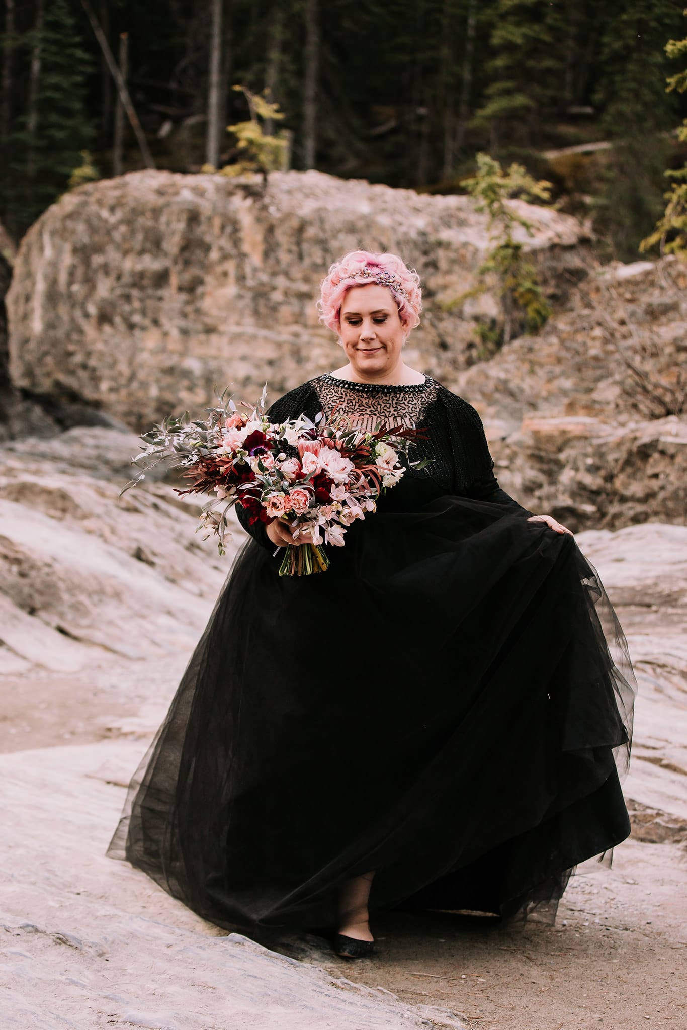 dream mountain vow renewal natural bridge yoho national park pink haired bride in black wedding gown