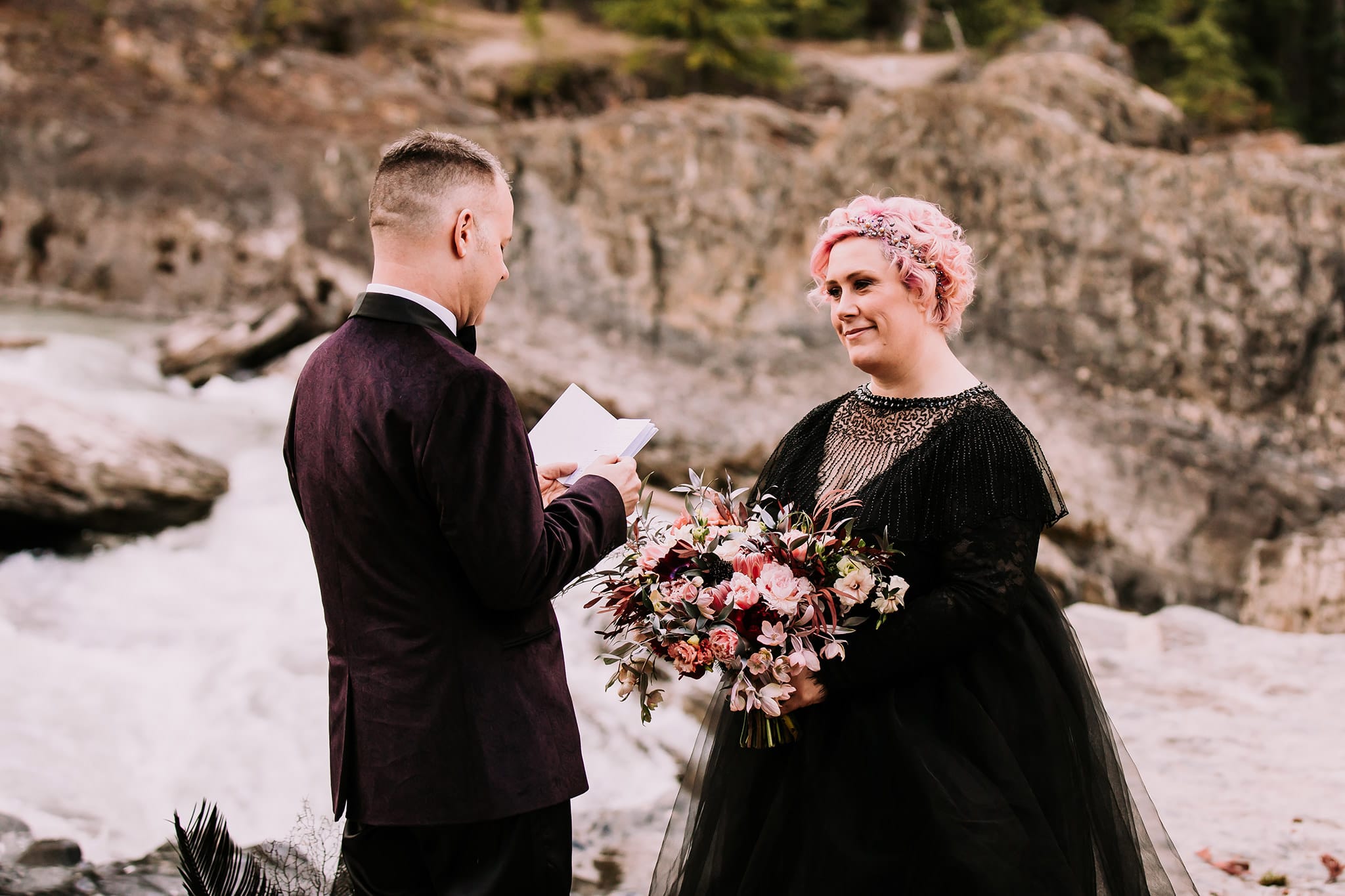 dream mountain vow renewal natural bridge yoho national park bride in black wedding gown alternative mountain wedding