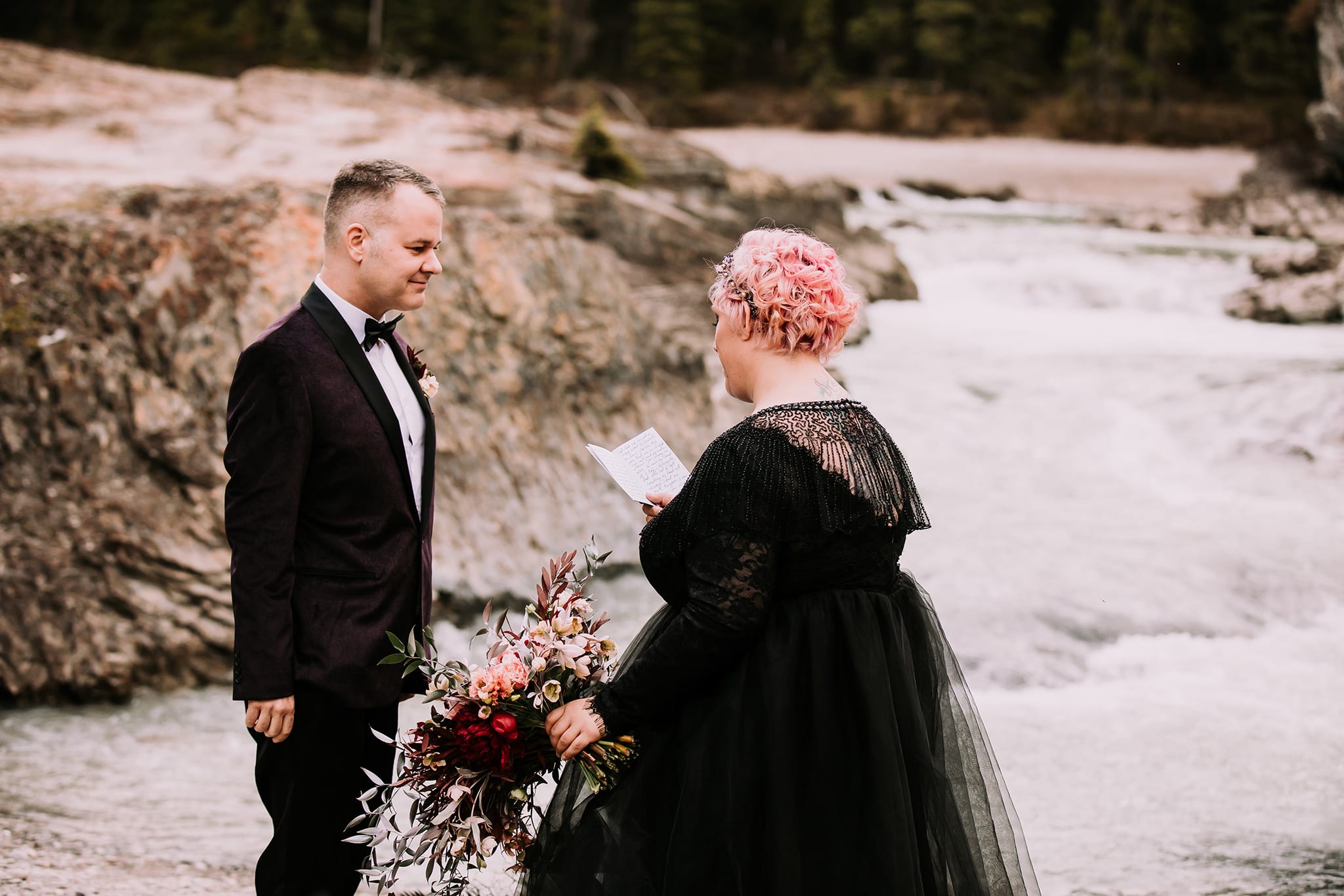 dream mountain vow renewal natural bridge yoho national park bride in black wedding gown personal vows