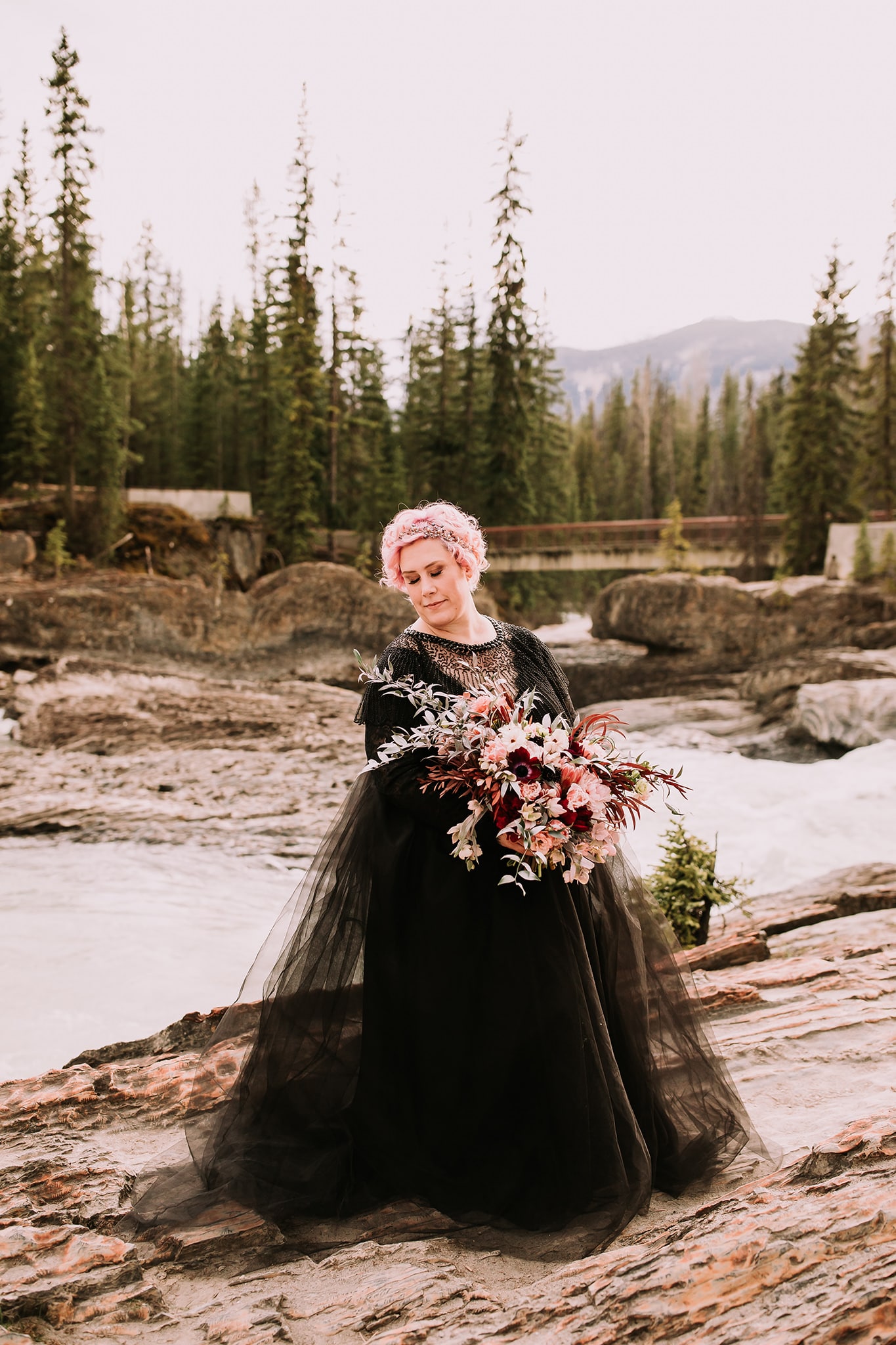 dark bride in black wedding gown mountain wedding vow renewal