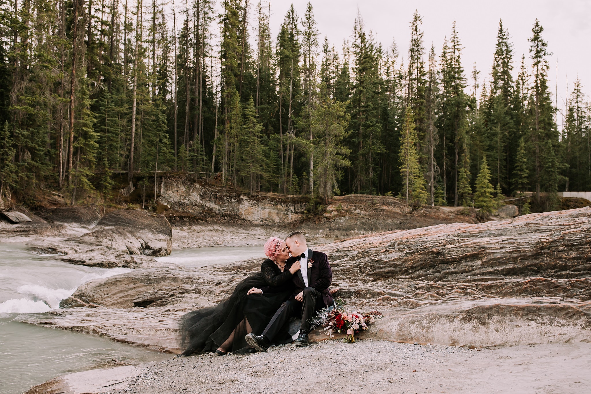 pink haired bride in black wedding gown mountain wedding vow renewal