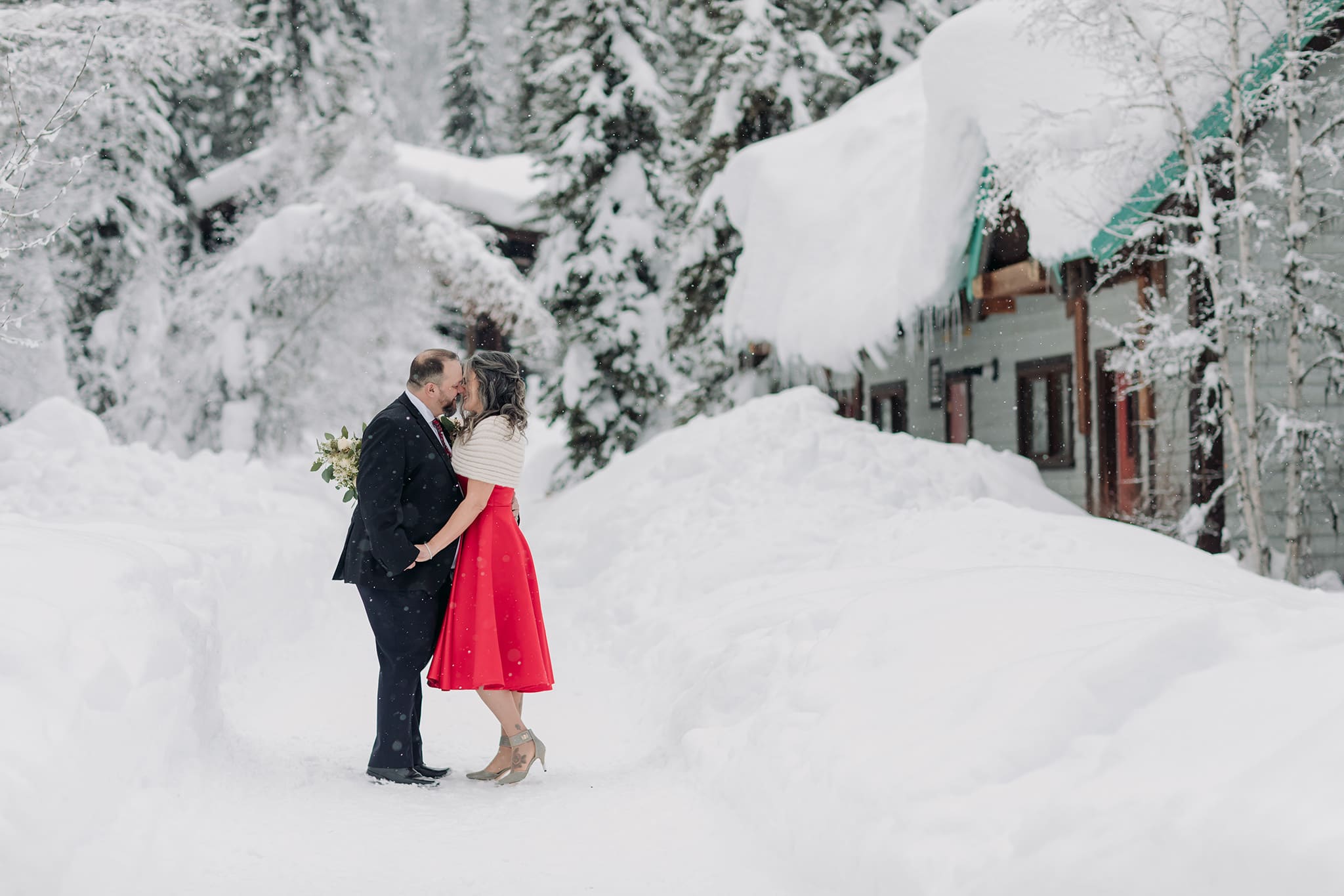 Emerald Lake Lodge Winter elopement bridal groom portraits in the snow