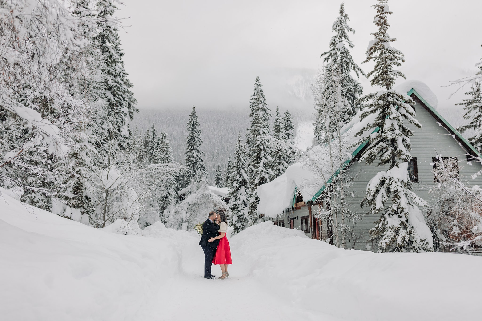 Emerald Lake Lodge Winter elopement bridal groom portraits in the snow