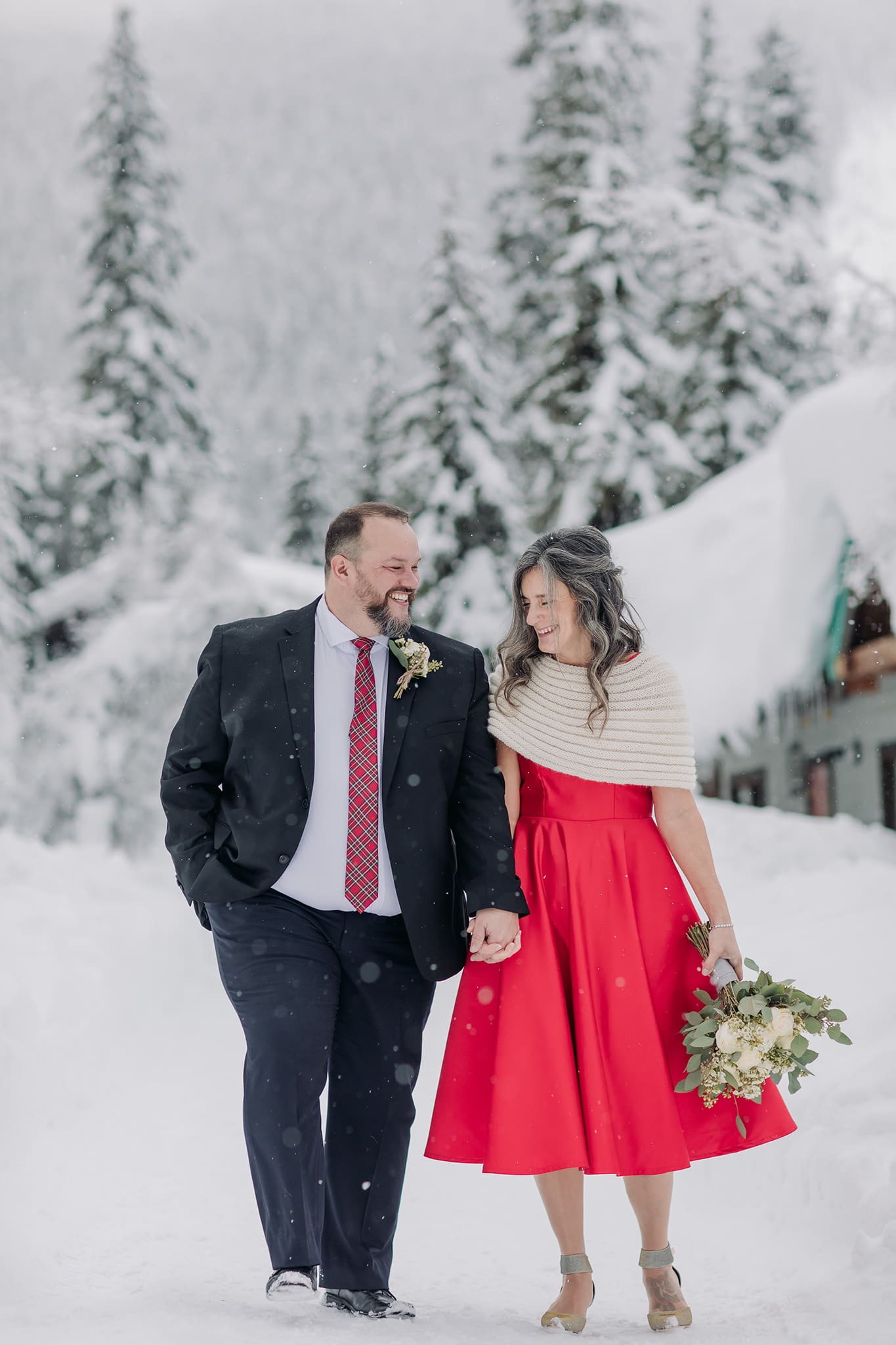 Emerald Lake Lodge Winter elopement bridal groom portraits in the snow