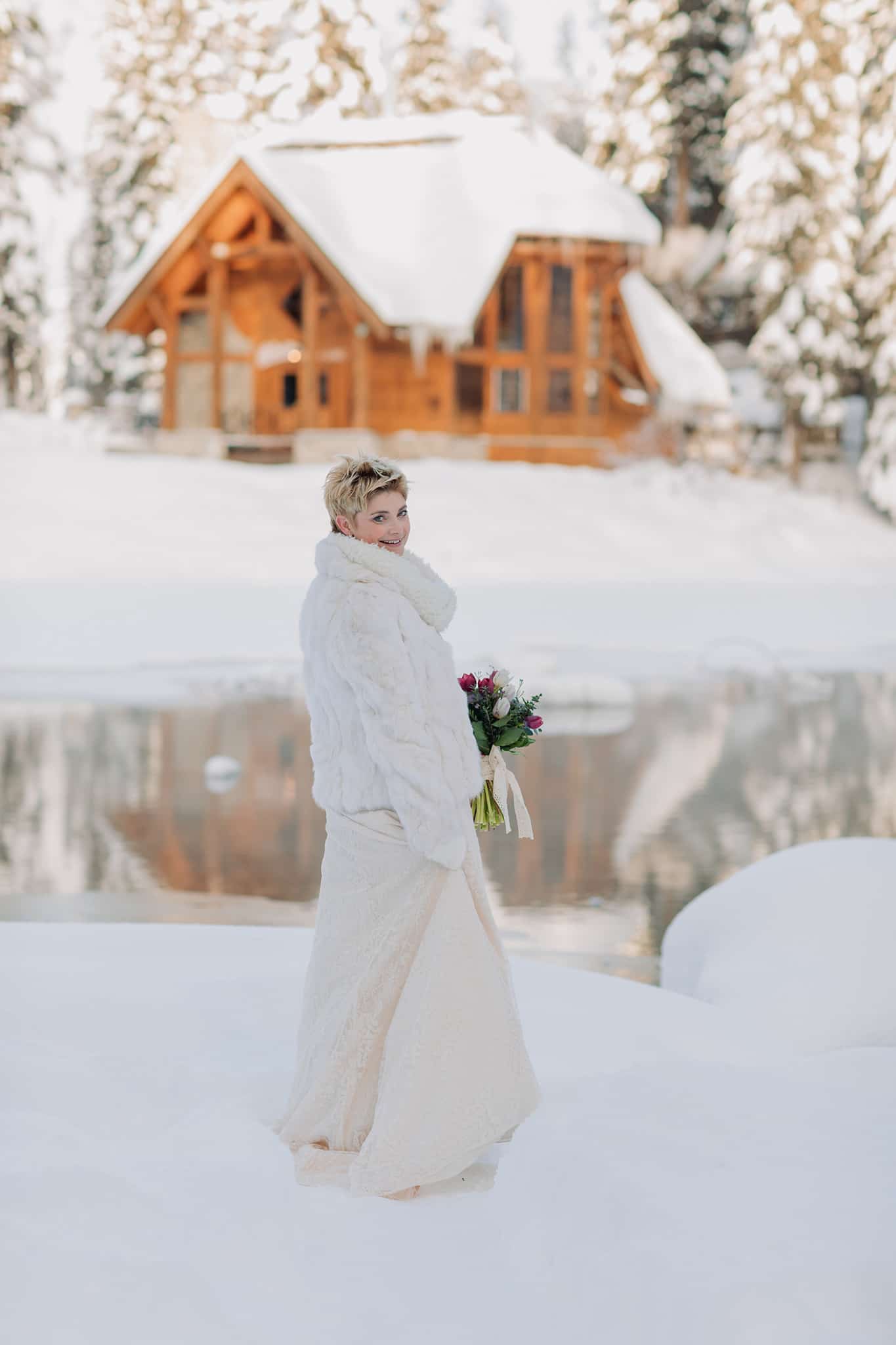 Bride at Emerald Lake Lodge in winter New Years Eve Elopement