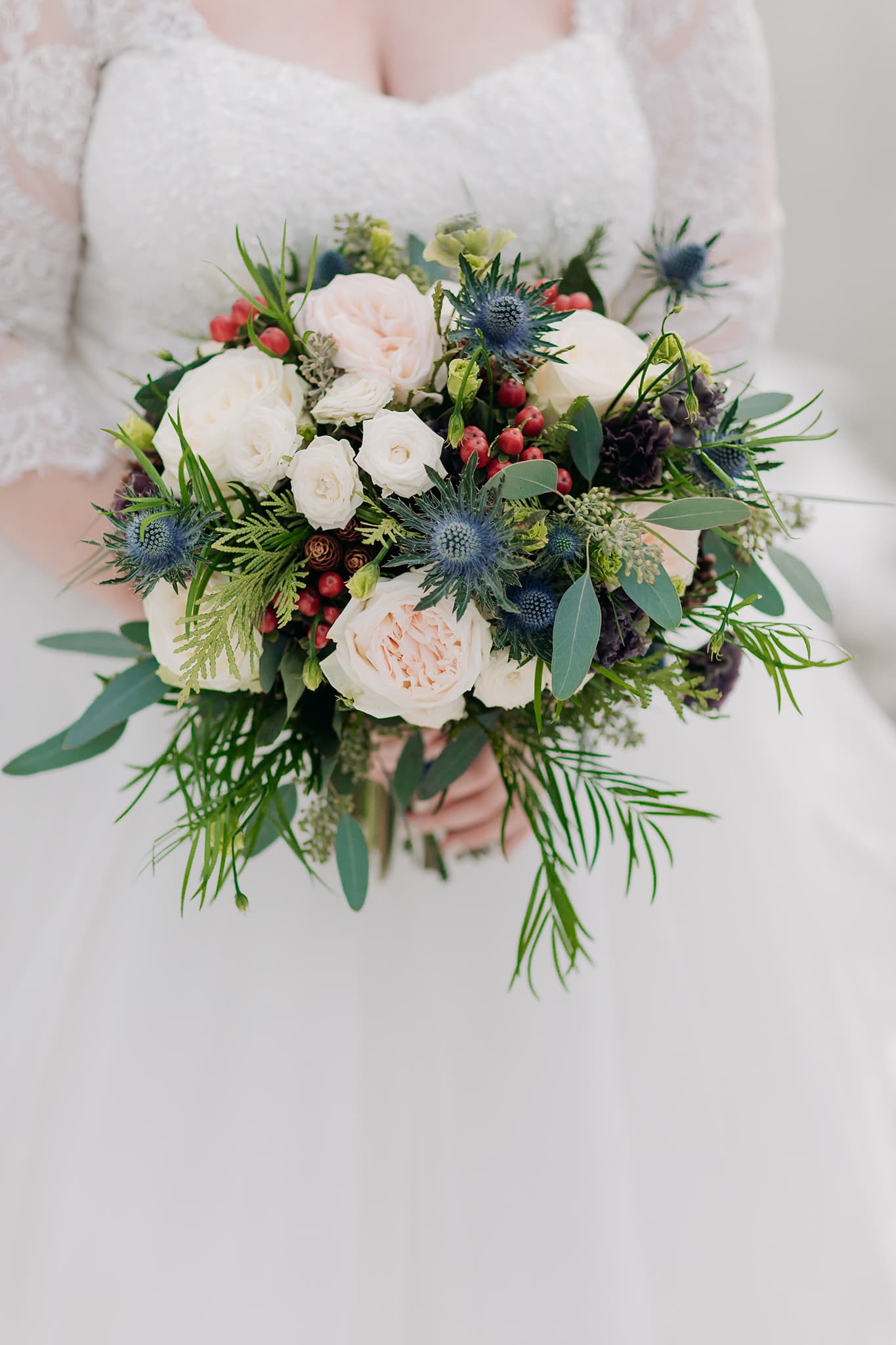 winter bride bouquet with thistles