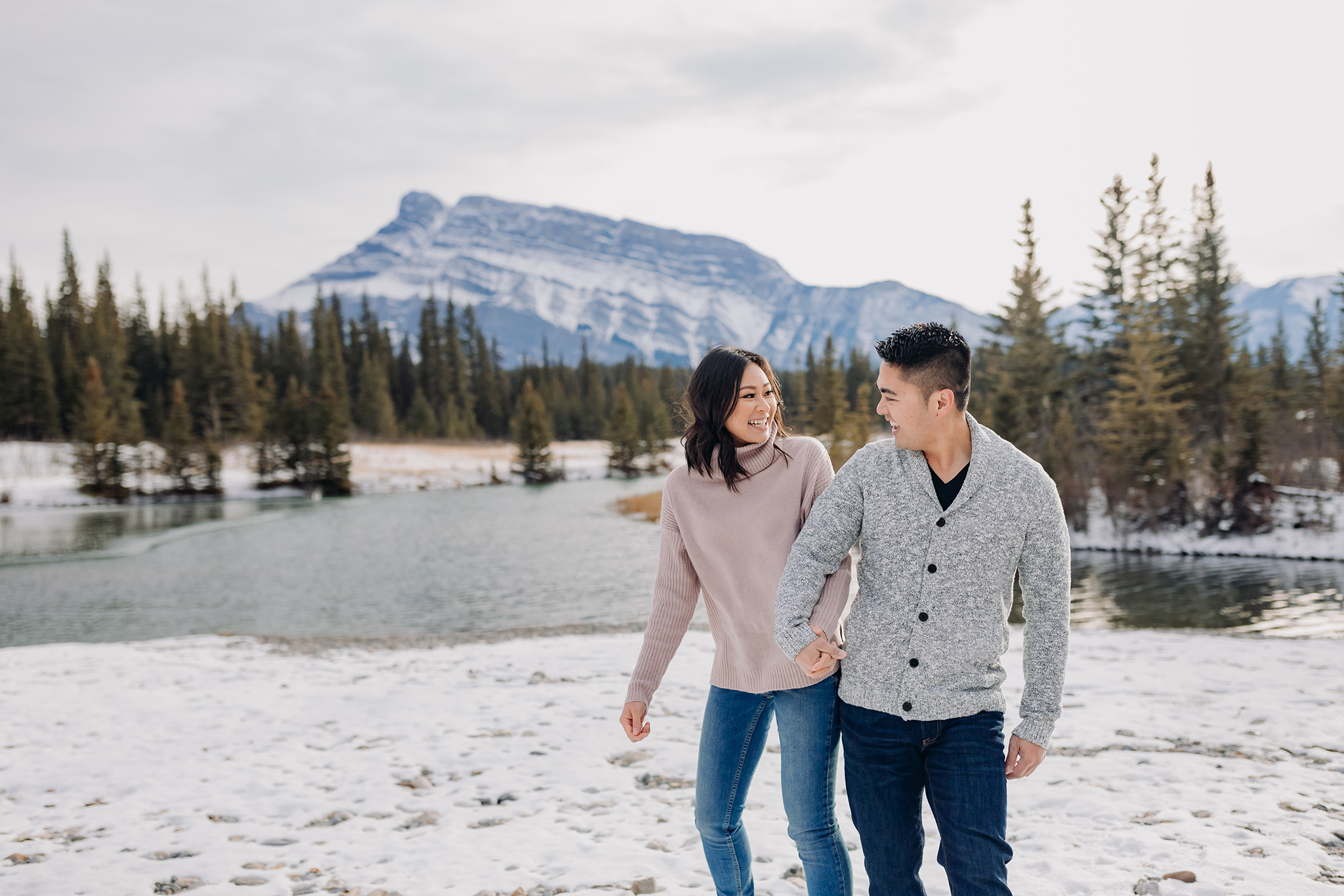 Banff National Park early winter November engagement session on a windy day at Cascade Ponds