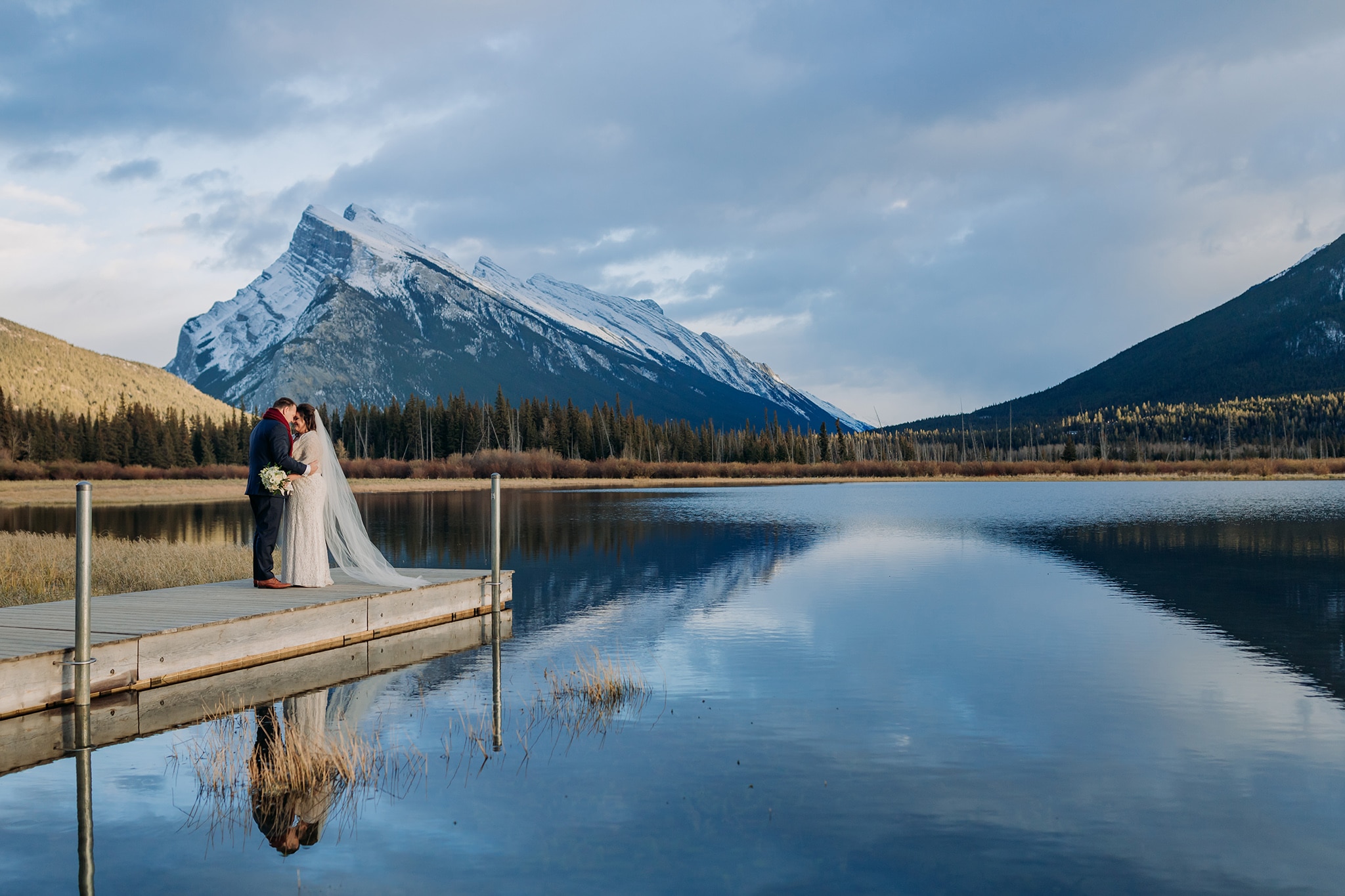 A Guide to Eloping in the Canadian Rockies | Mountain Wedding photographed by ENV Photography | Autumn wedding on Vermilion Lakes in Banff National Park