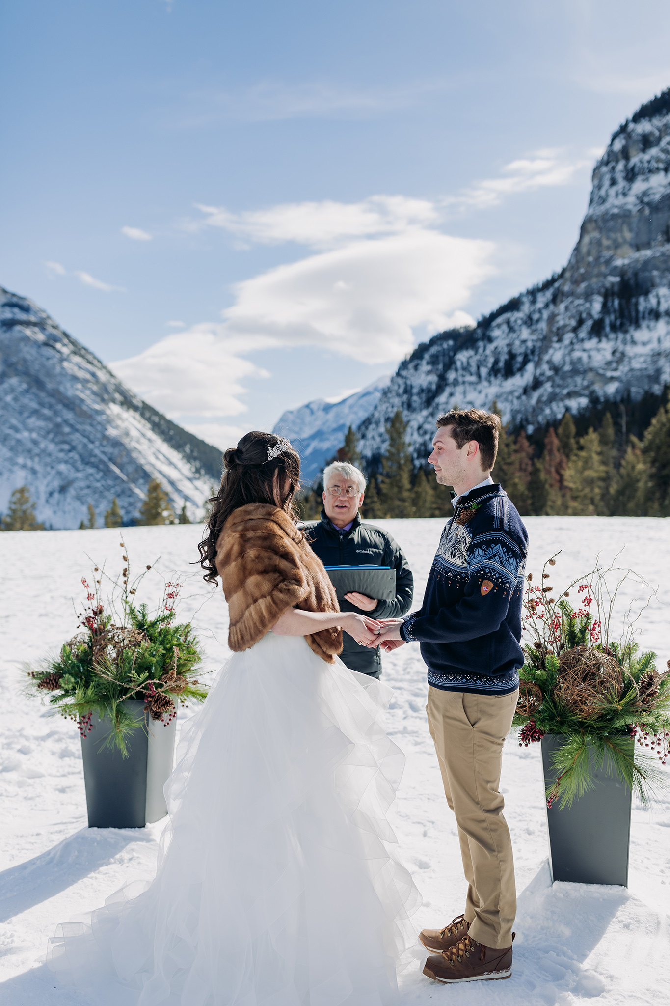 Tunnel Mountain winter wedding ceremony in Banff National Park photographed by ENV Photography
