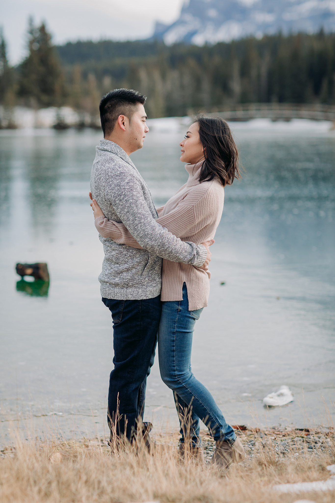 Banff National Park early winter November engagement session on a windy day at Cascade Ponds