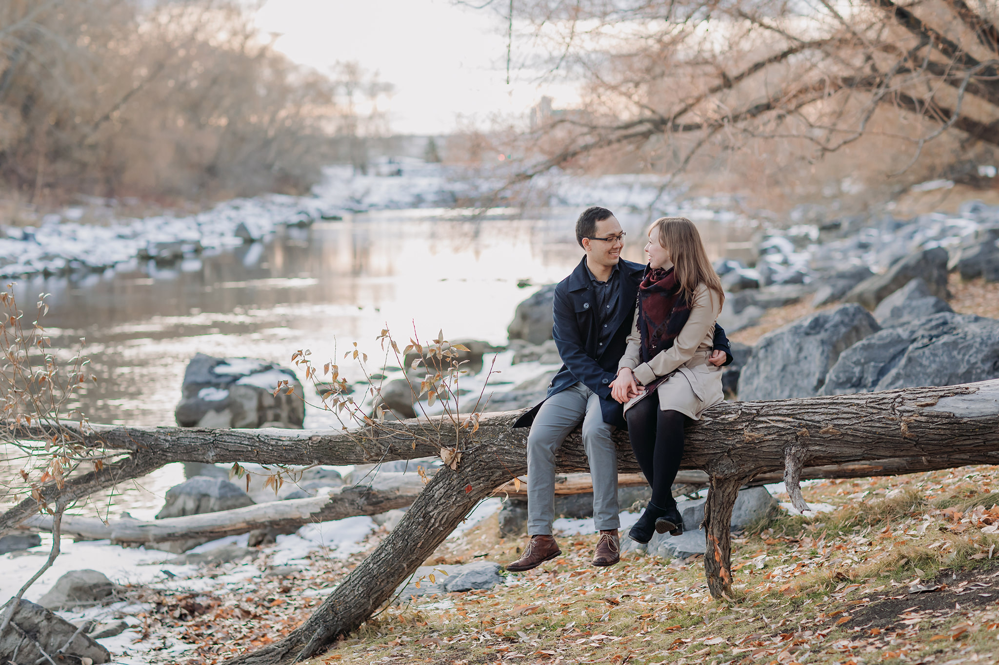Prince's Island Park engagement photos in Calgary in mid-november on a warmer day by ENV Photography