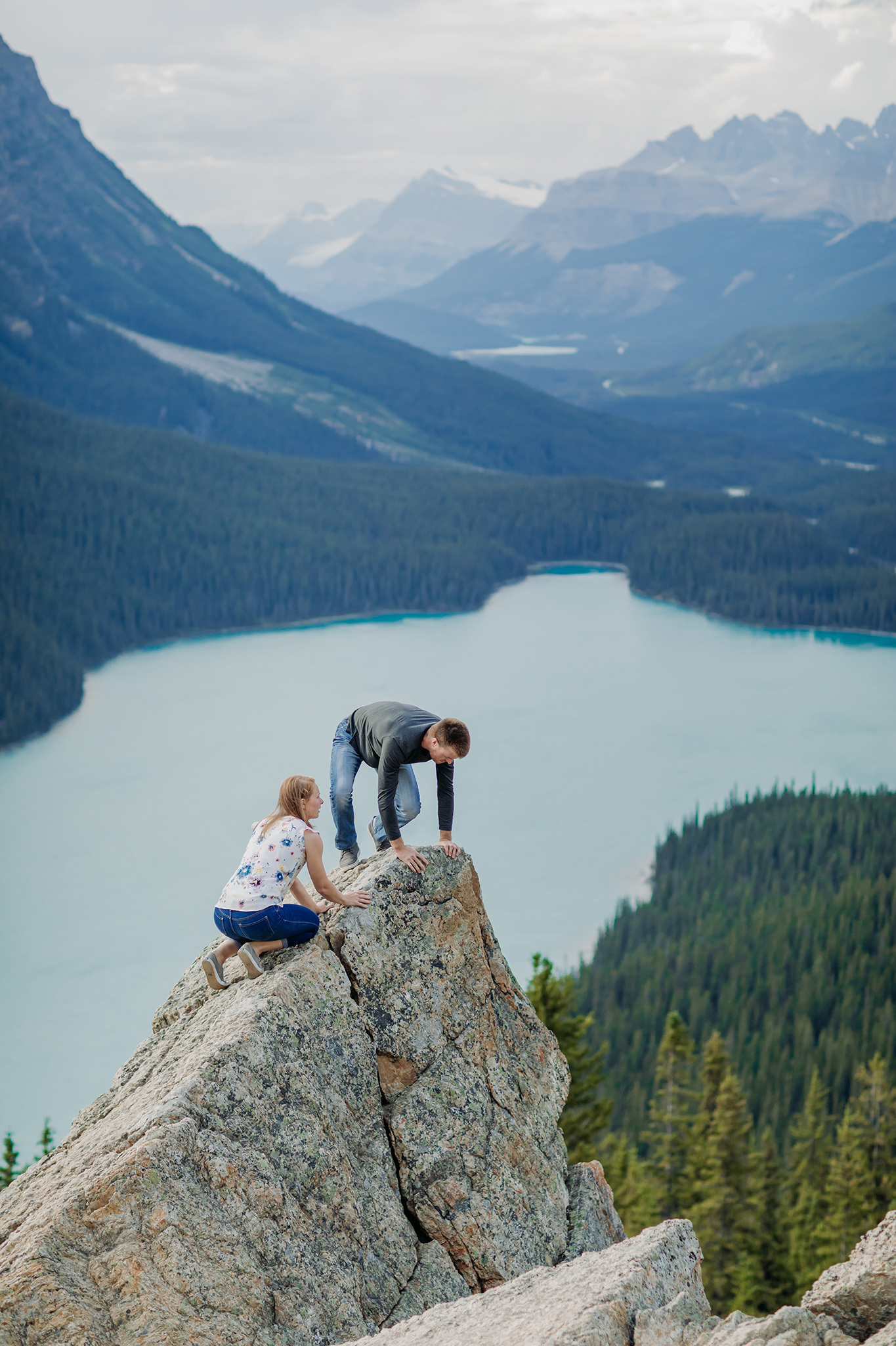 Adventurous Peyto Lake casual engagement photography session at Bow Summit along Icefields Parkway in Banff National Park photographed by local engagement & elopement photographer ENV Photography