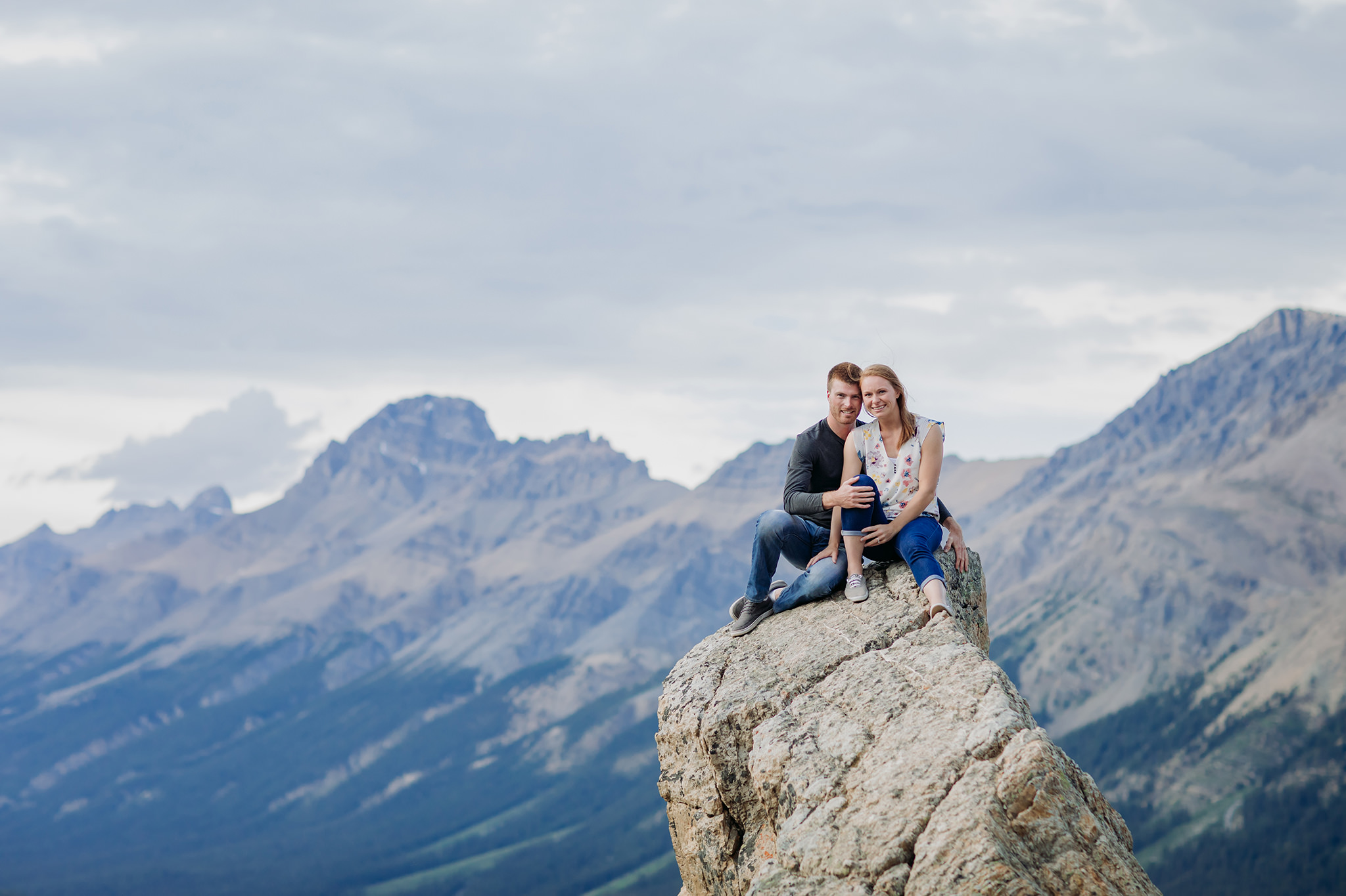 Adventurous Peyto Lake casual engagement photography session at Bow Summit along Icefields Parkway in Banff National Park photographed by local engagement & elopement photographer ENV Photography
